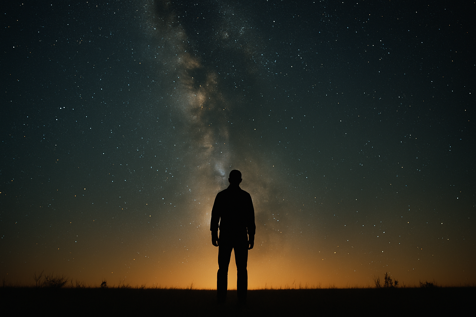 A lone figure standing in an open field at night looking up at the Milky Way and a vast starry sky