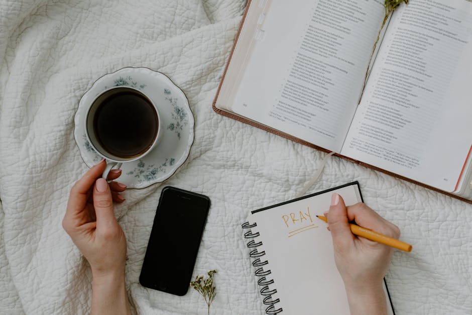 Open Bible with morning coffee and journal — seeking God in the quiet before the day gets loud
