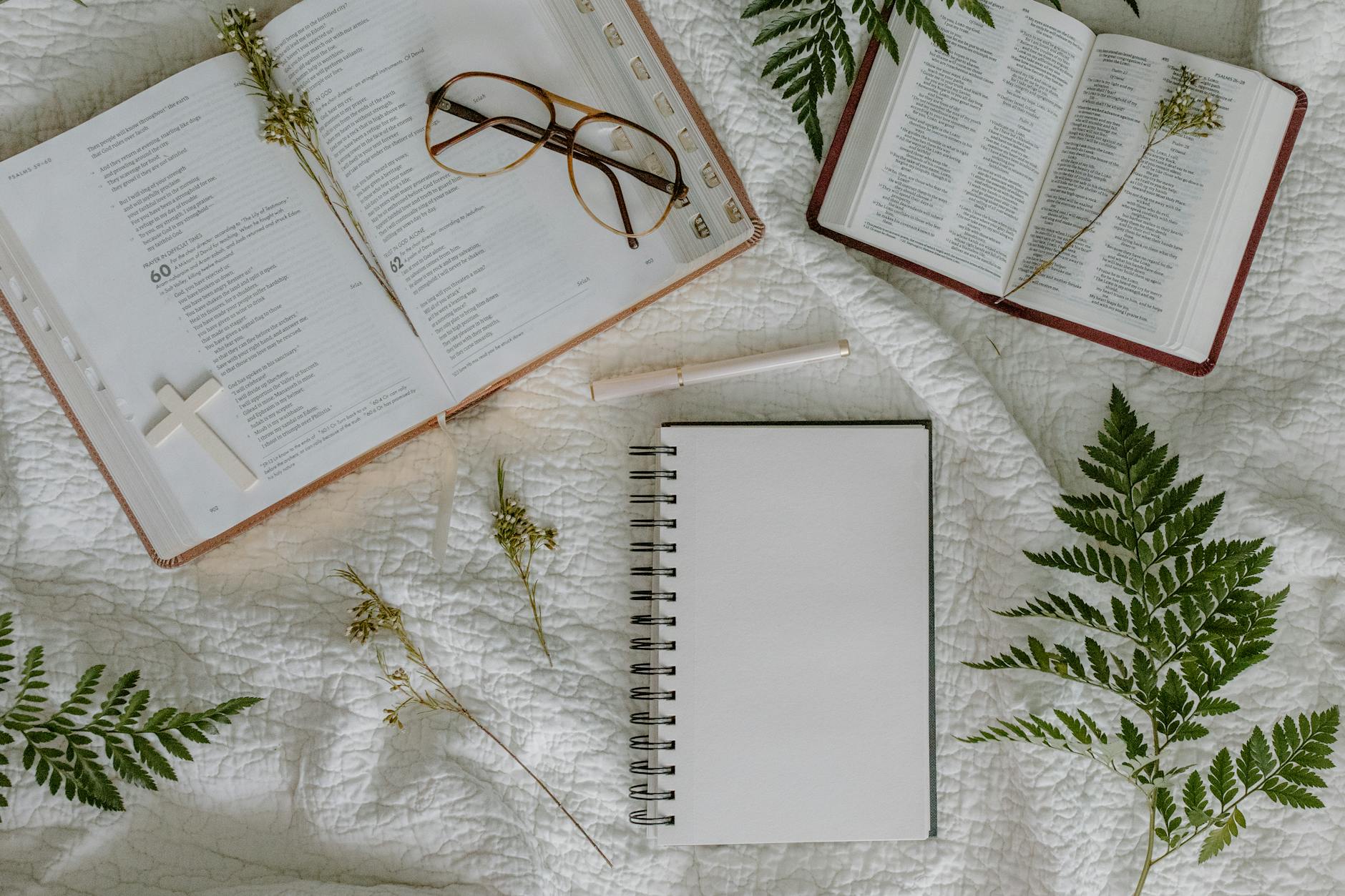 Open Bible and journal for Psalm 34 devotional study